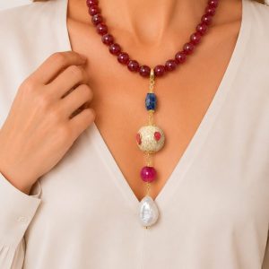 Collana Artigianale Ciondolo Nepalese Perla Pietre Naturali Giada Borgogna