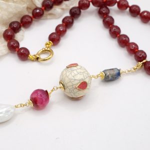 Collana Artigianale Ciondolo Nepalese Perla Pietre Naturali Giada Borgogna