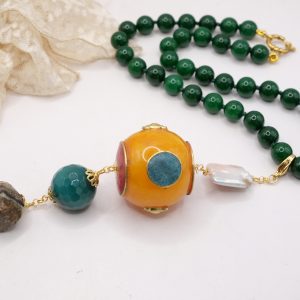 Collana Artigianale Ciondolo Nepalese Perla Pietre Naturali Giada Verde