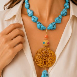 Collana artigianale girocollo sassi grandi in turchese Mandala Nepalese