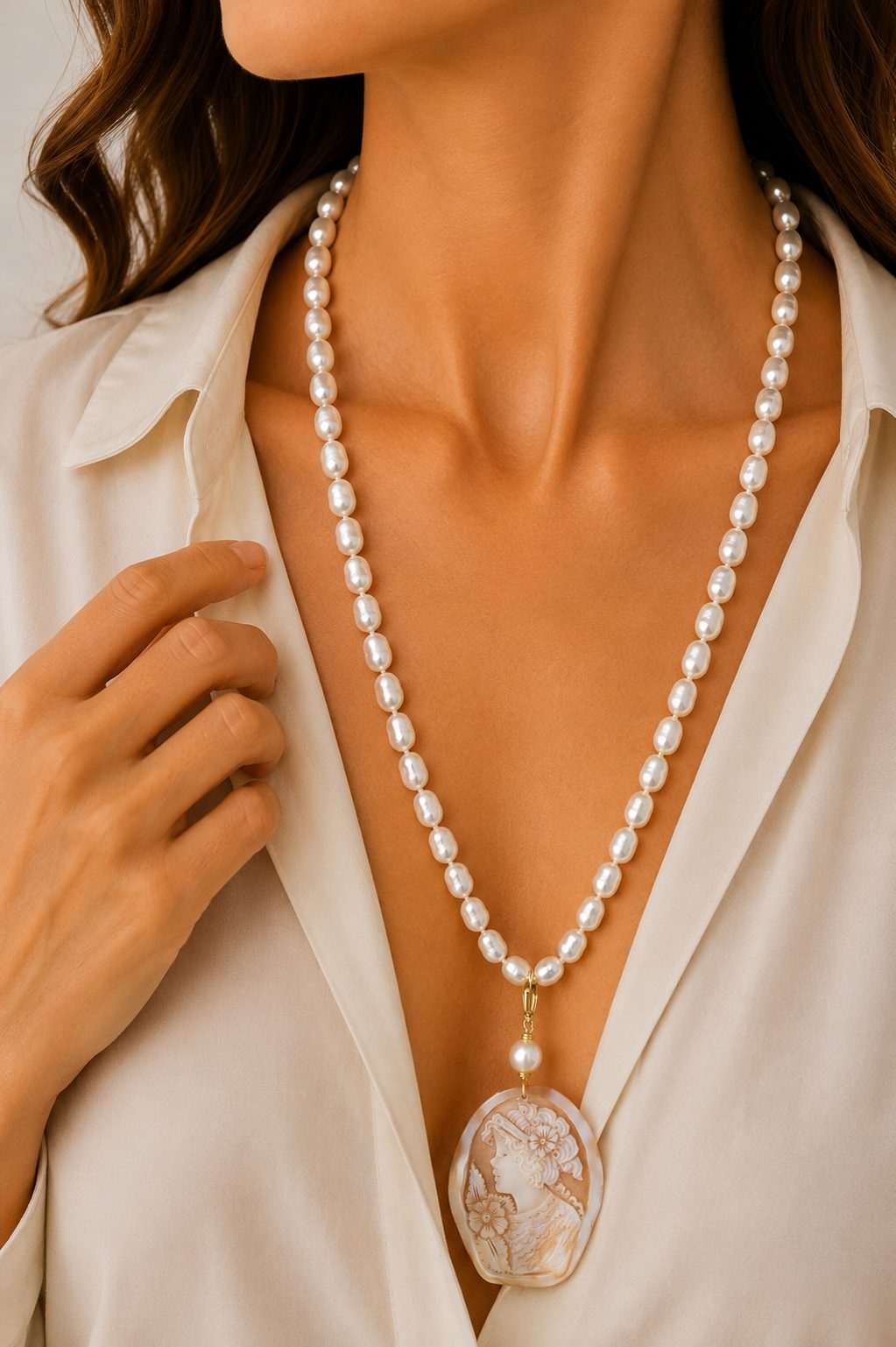 COLLANA ARTIGIANALE LUNGA PERLE E CAMMEO DI TORRE DEL GRECO
