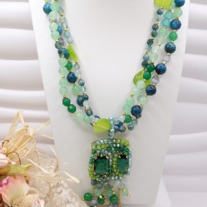 Collana Multifilo Tinte Lilla Verde Giada Occhio di Gatto Agata Cristalli Cuori