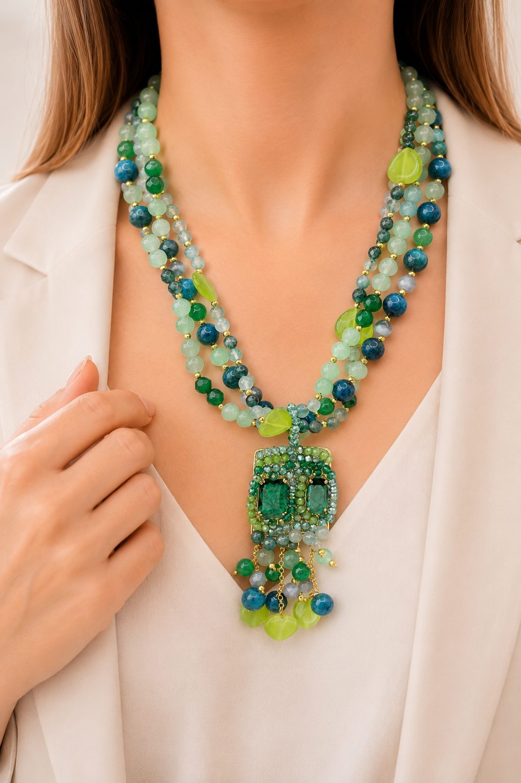COLLANA ARTIGIANALE MULTIFILO AGATA VERDE OCCHIO DI GATTO CUORI CRISTALLO