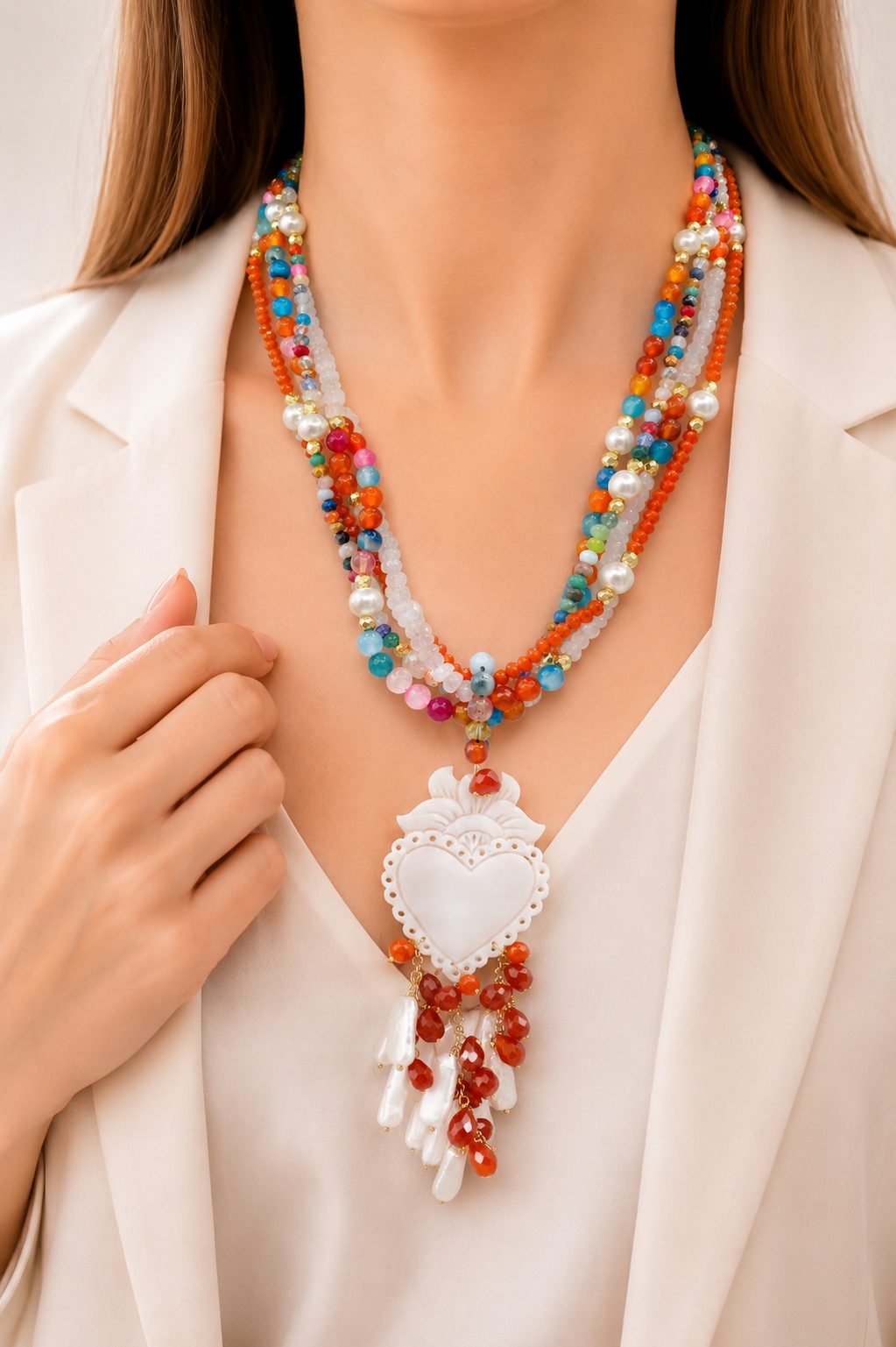 COLLANA ARTIGIANALE MULTIFILO CORNIOLA PERLE AGATA BLU CAMMEO SACRO CUORE