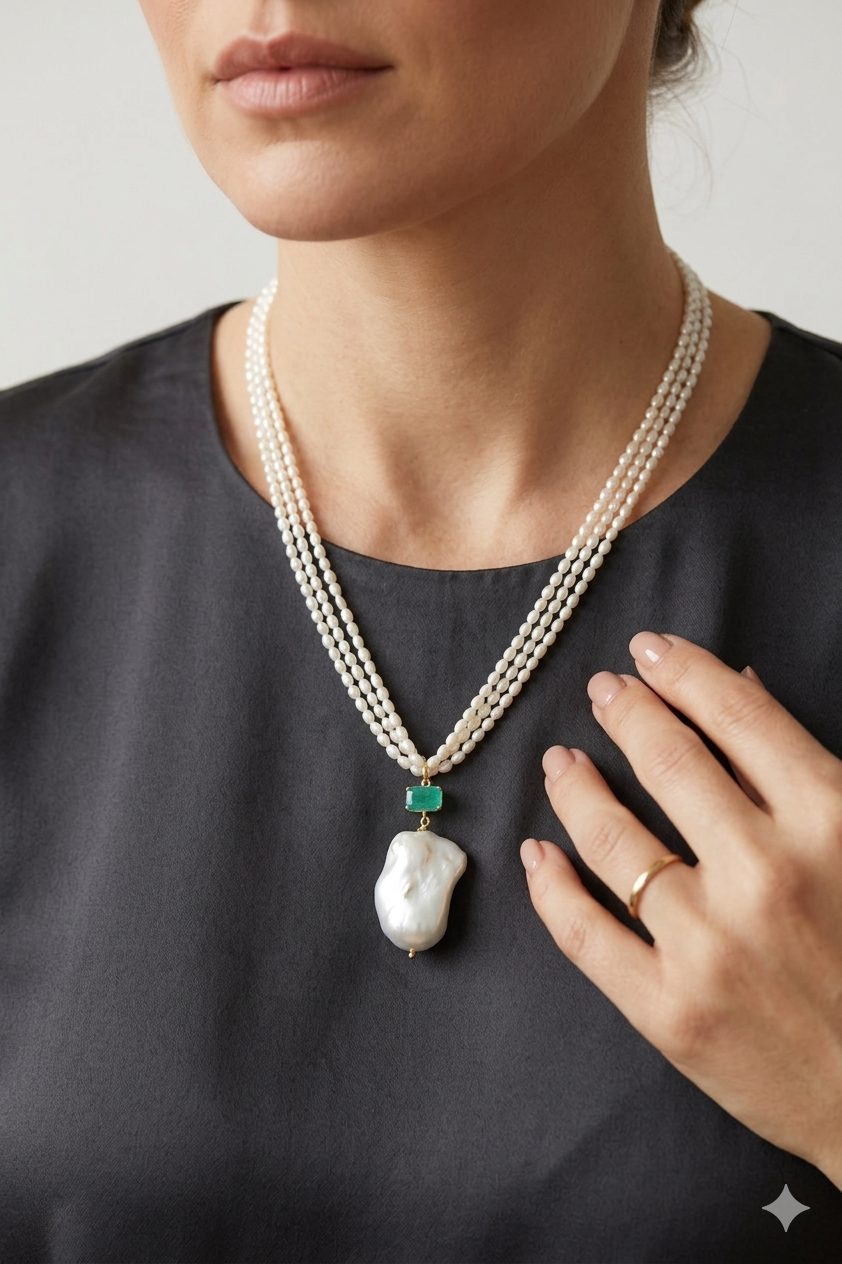 HANDMADE MULTI-STRAND NECKLACE WITH MICRO-PEARLS, BAROQUE PEARL, QUARTZ, AND EMERALD