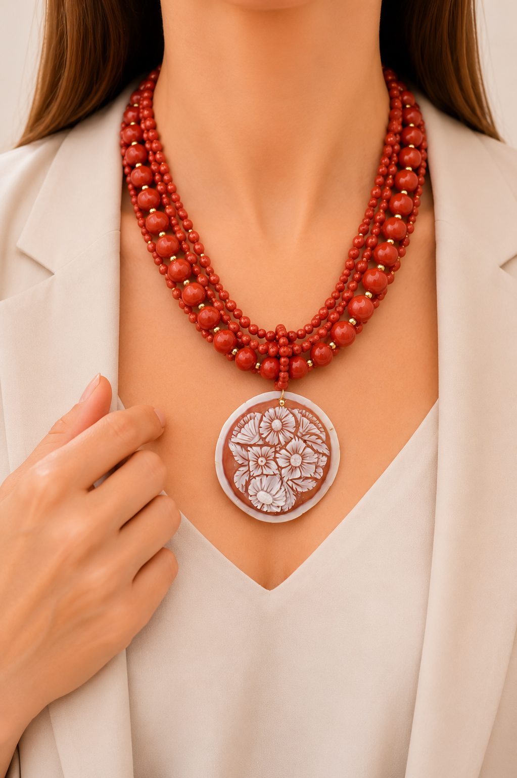 COLLANA ARTIGIANALE PASTA DI CORALLO CAMMEO TORRE DEL GRECO MULTIFILO