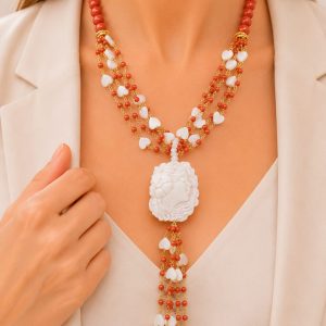 Collana Multifilo Pasta di Corallo Cuori e Cammeo di Torre del Greco
