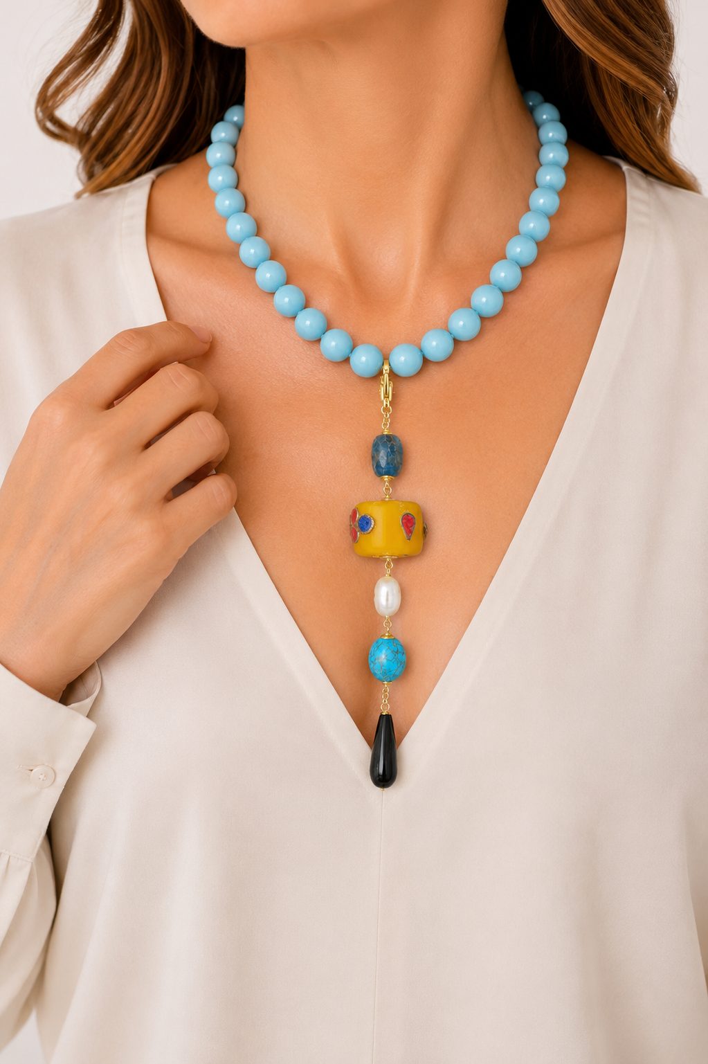 COLLANA ARTIGIANALE PASTA DI TURCHESE PENDENTE NEPALESE PIETRE DURE