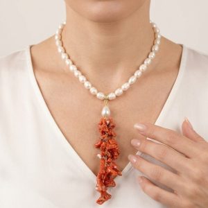 Collana Décolleté Perle Naturali Grappolo Corallo Mediterraneo