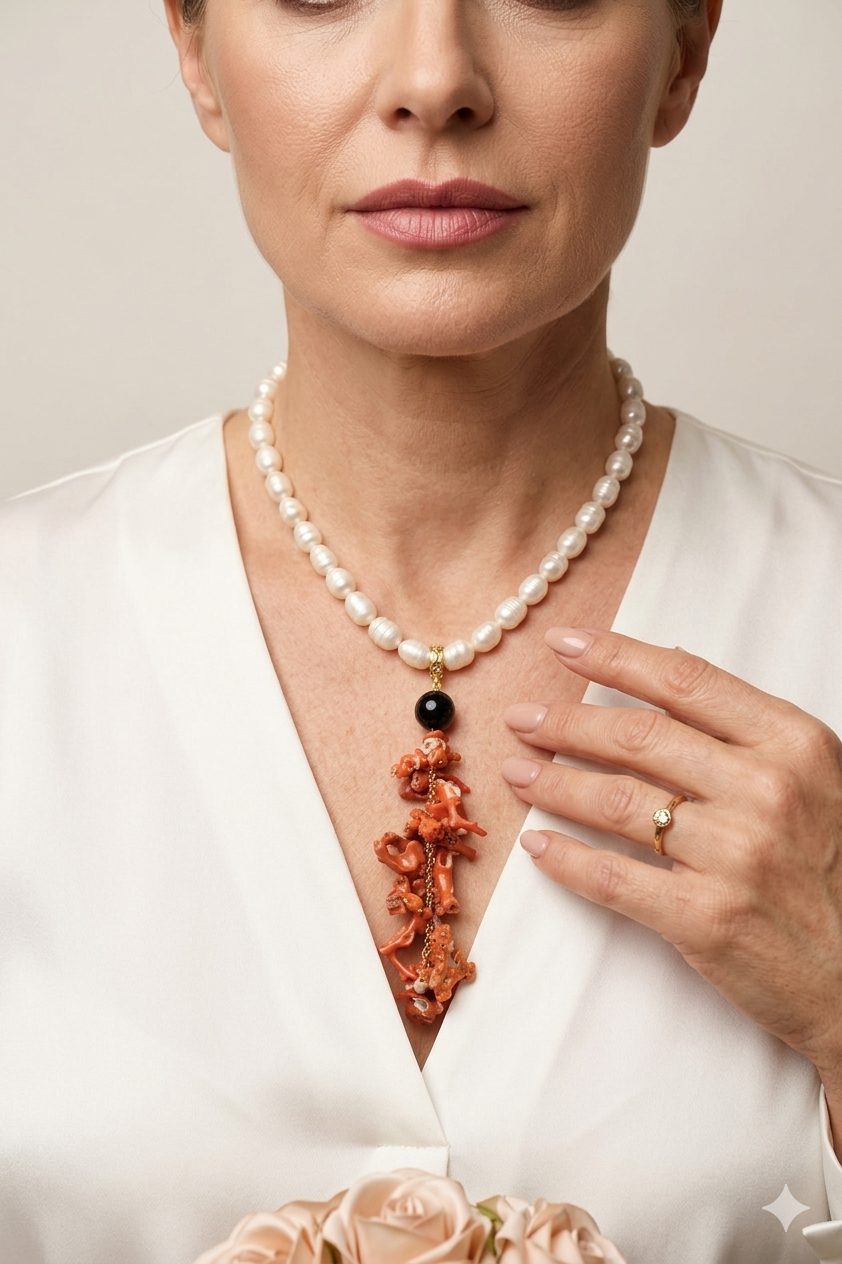 Handcrafted pearl, coral, and onyx cluster necklace