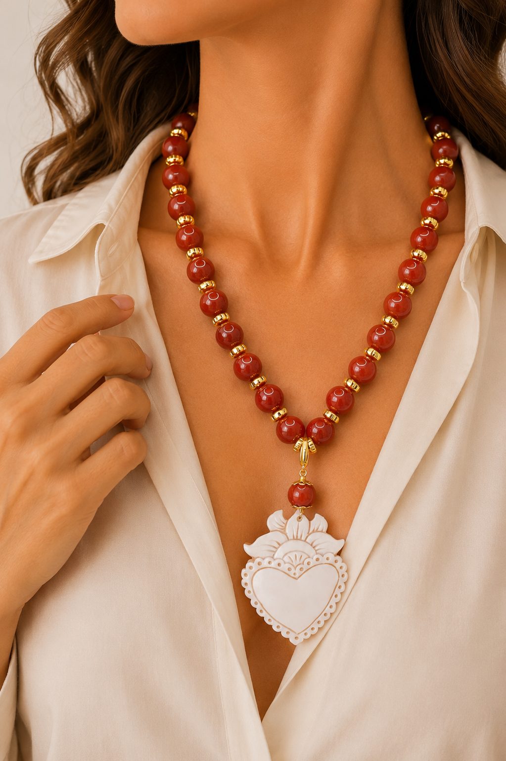 COLLANA ARTIGIANALE SACRO CUORE CAMMEO TORRE DEL GRECO GIADA CORALLO ACCIAIO