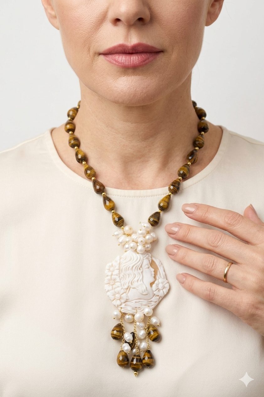 TORRE DEL GRECO TIGER'S EYE CAMEO NECKLACE AY b