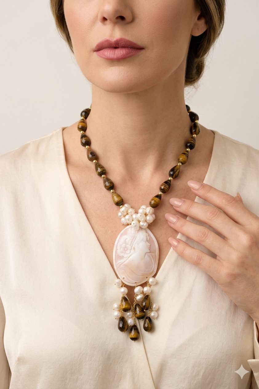 COLLANA CAMMEO DI TORRE DEL GRECO OCCHIO DI TIGRE A Y