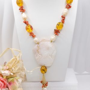 Collana Ambra Corallo Perle Cammeo di Torre del Greco a Y