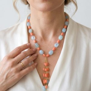 Collana Acquamarina Corallo Bamboo Argento Placcato Oro a Y