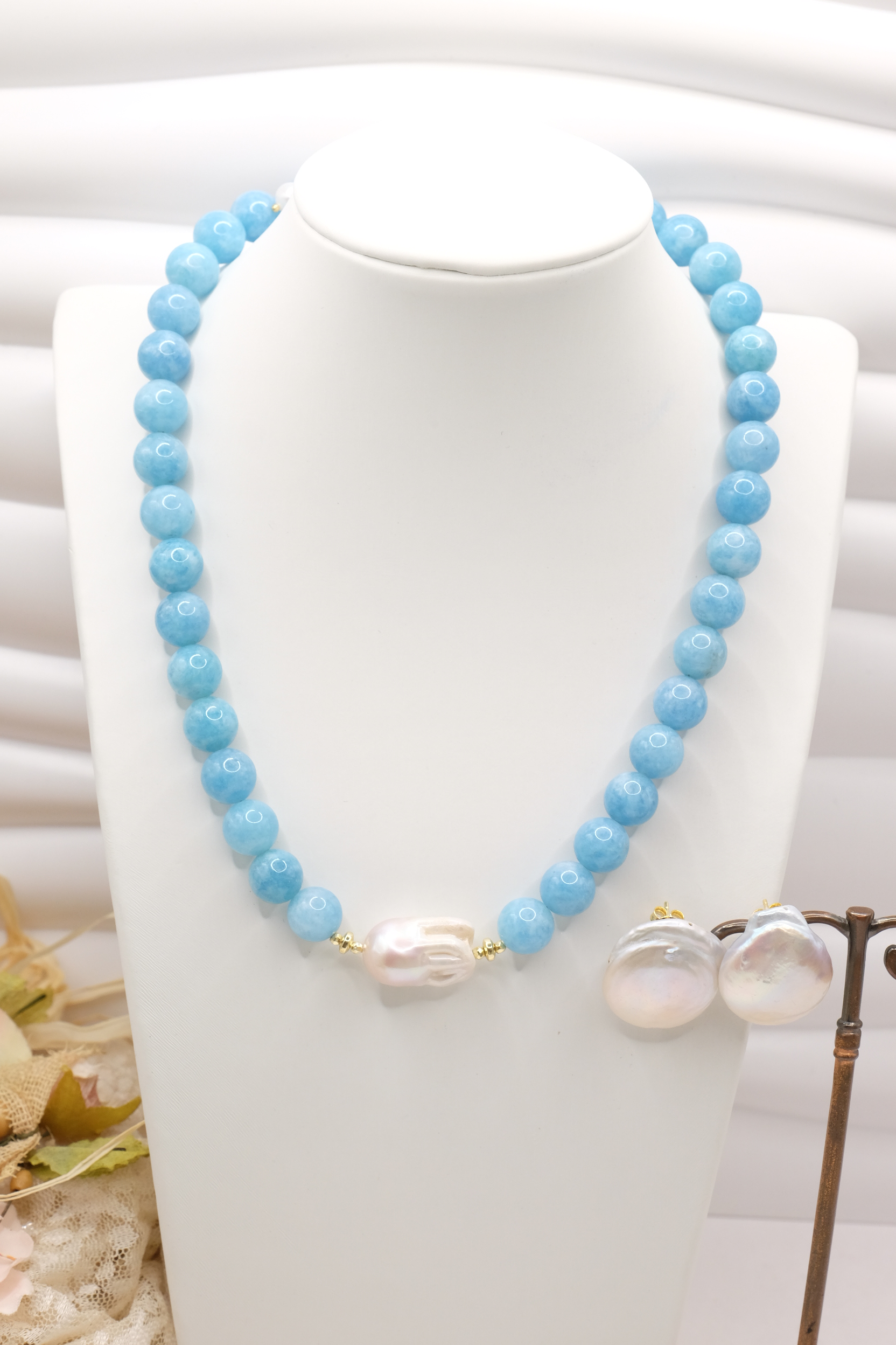 COLLANA E ORECCHINI ARTIGIANALE ANGELITE PERLE (2)