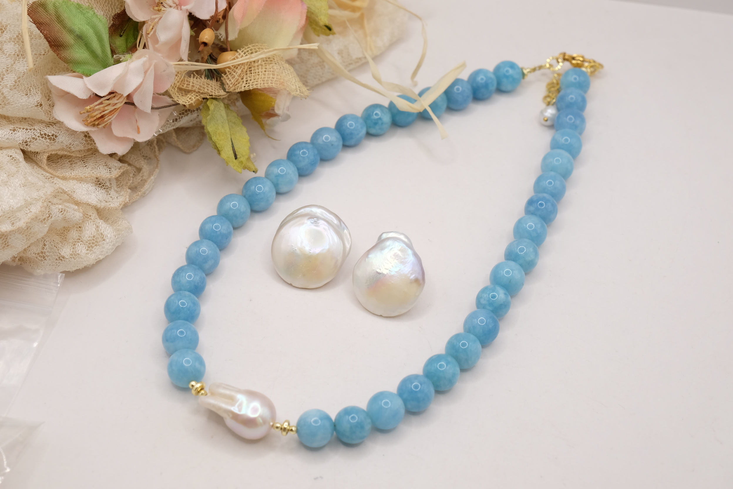 COLLANA E ORECCHINI ARTIGIANALE ANGELITE PERLE (3)