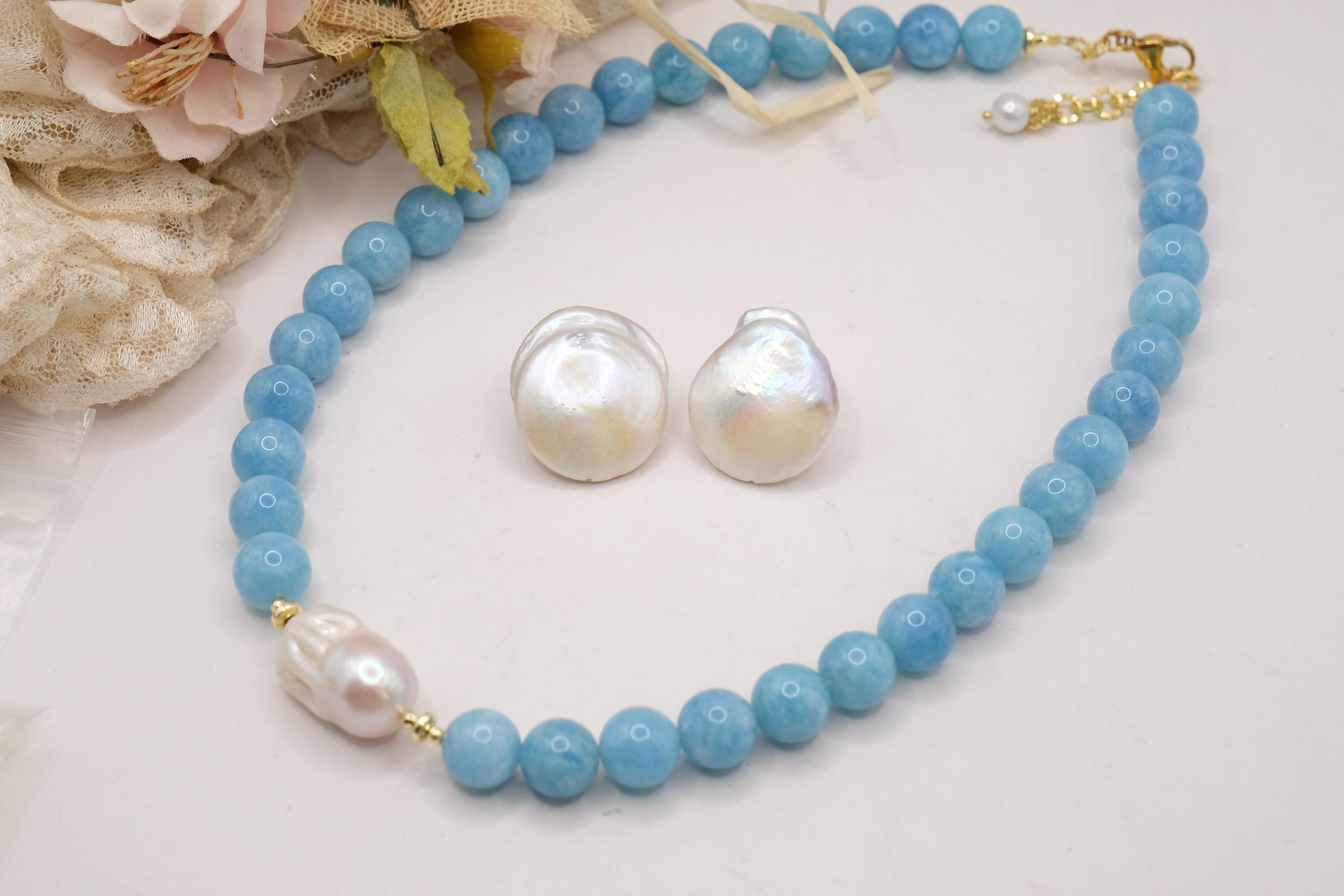 COLLANA E ORECCHINI ARTIGIANALE ANGELITE PERLE (5)