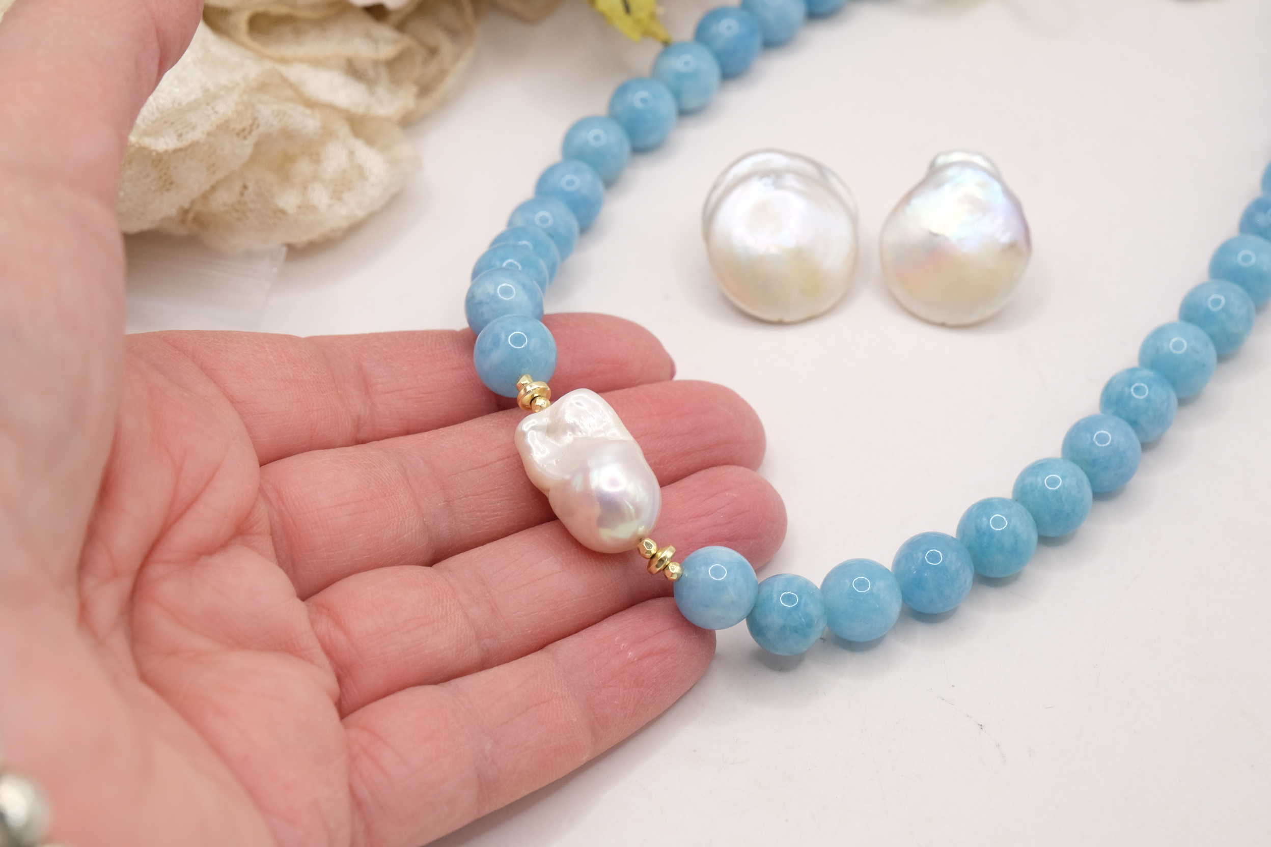 COLLANA E ORECCHINI ARTIGIANALE ANGELITE PERLE (6)