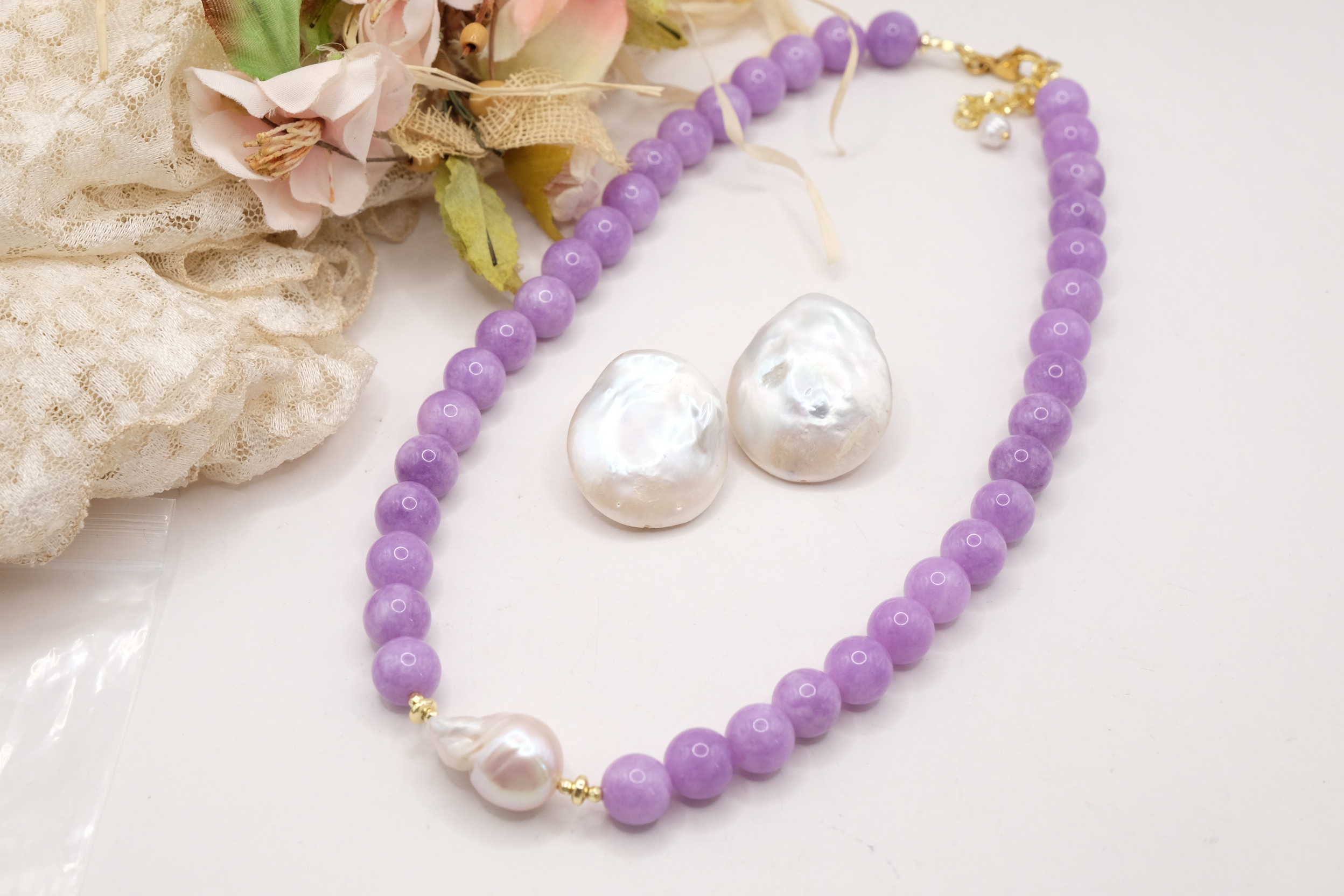COLLANA E ORECCHINI ARTIGIANALE KUNZITE PERLE (3)