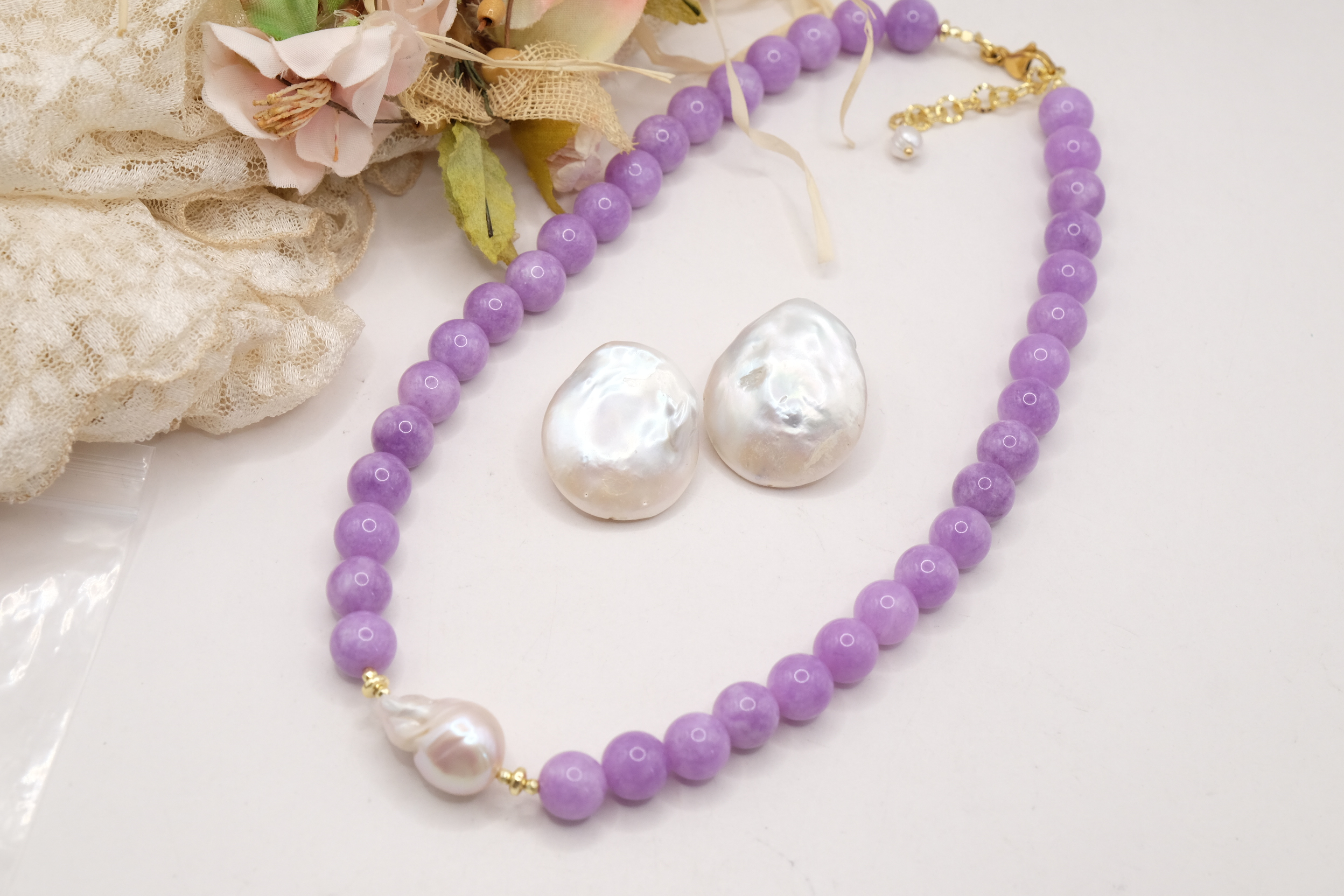 COLLANA E ORECCHINI ARTIGIANALE KUNZITE PERLE (7)
