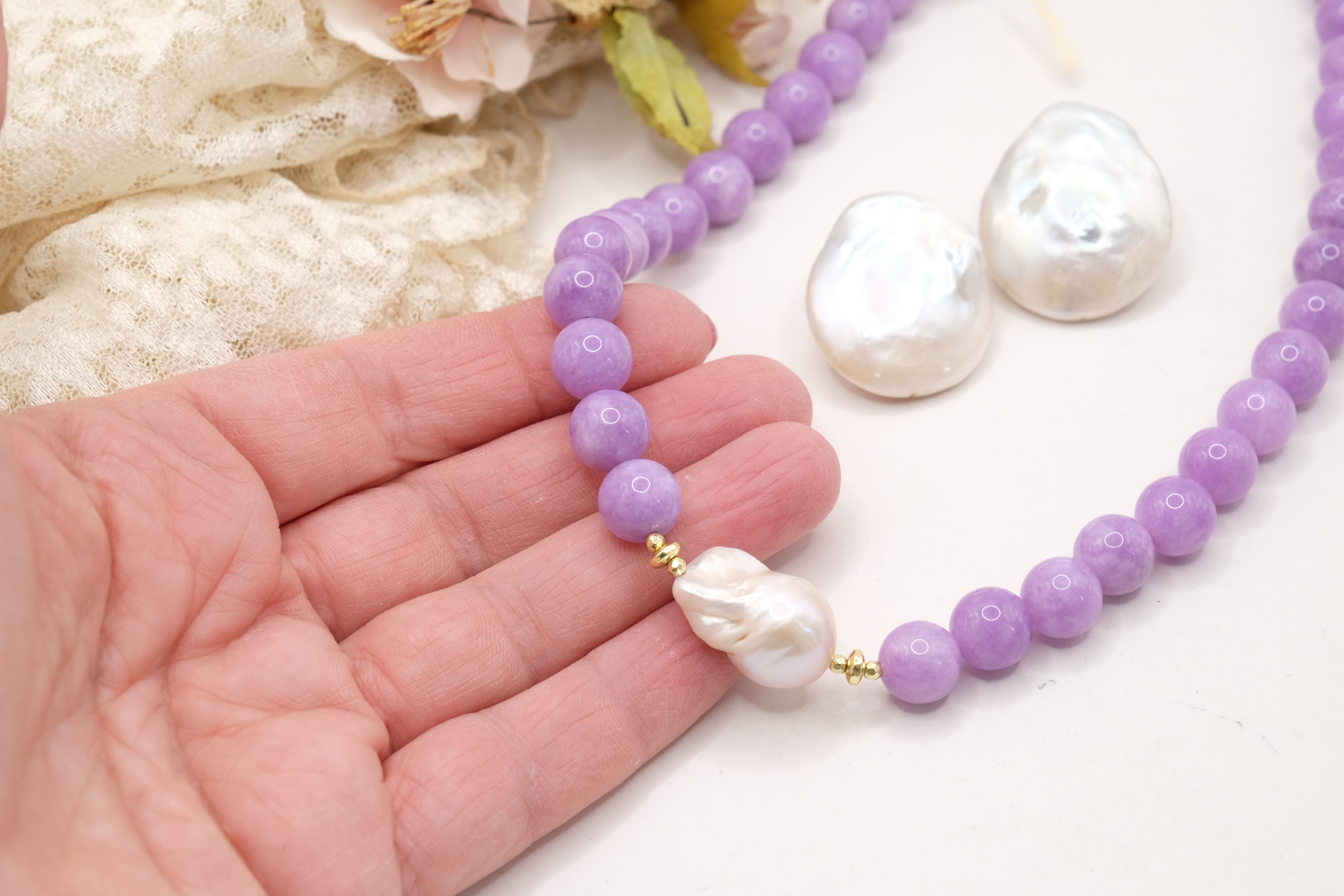 COLLANA E ORECCHINI ARTIGIANALE KUNZITE PERLE (8)
