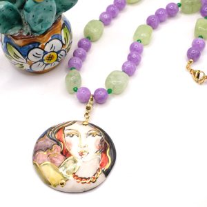 Collana Giada Verde Kunzite Piastra Ceramica di Caltagirone Staccabile