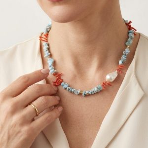 Collana Artigianale Argento 925 Dorato Corallo Larimar Perla