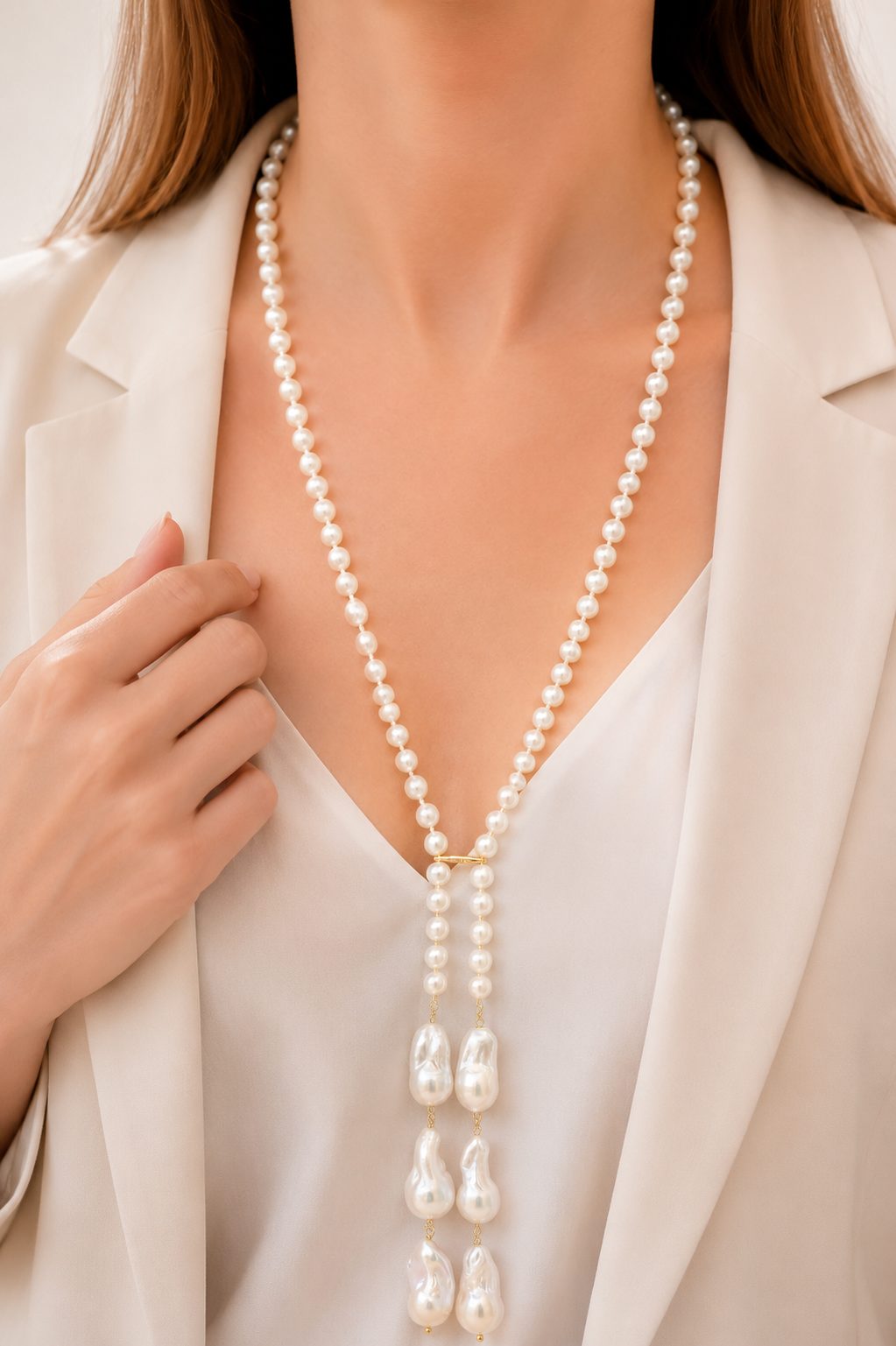 COLLANA LUNGA LARIAT PERLE NATURALI ARGENTO 925 PLACCATO ORO
