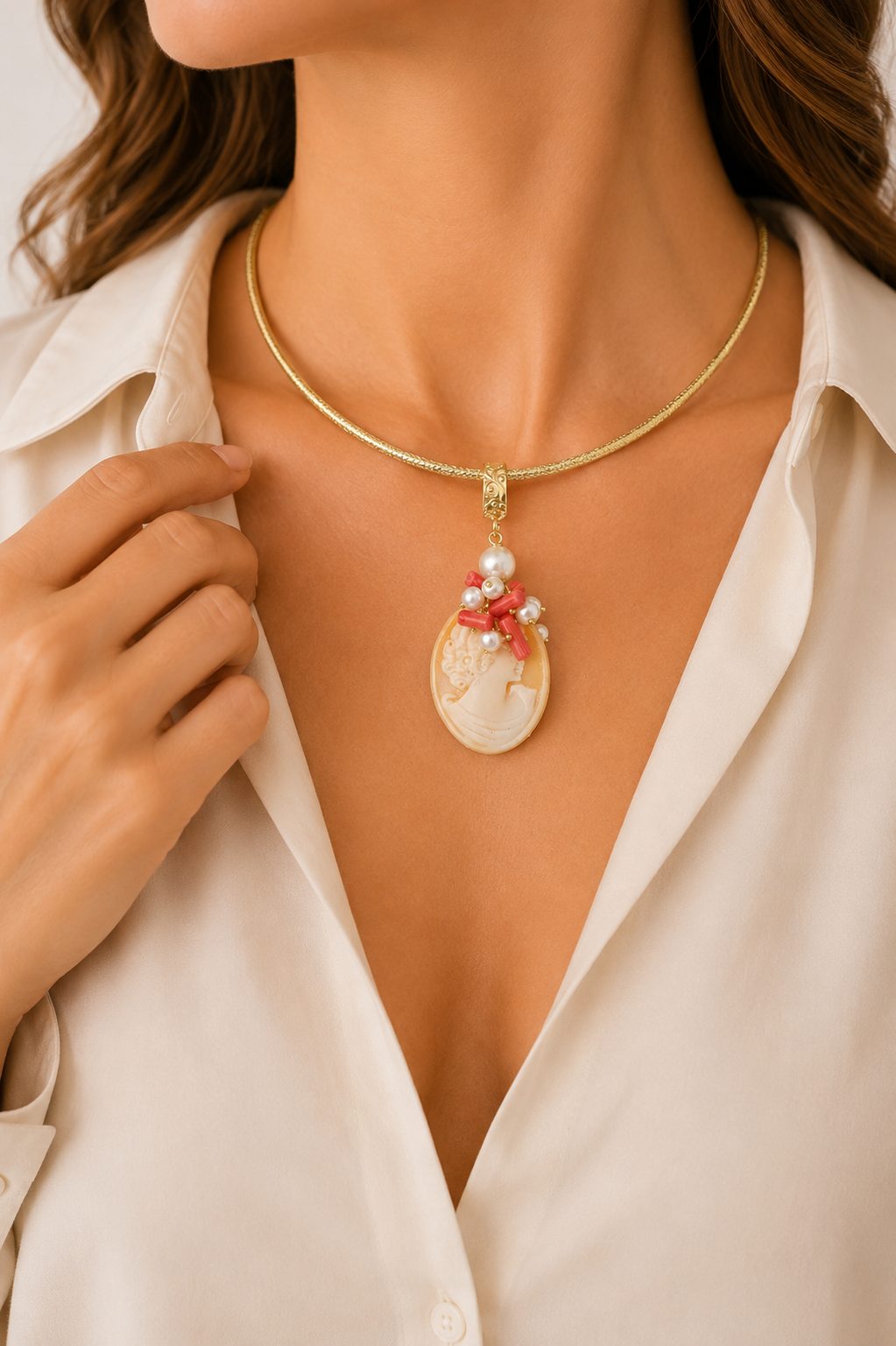 COLLANA MAGNETICA CAMMEO TORRE DEL GRECO ARTIGIANALE CORALLO PERLE