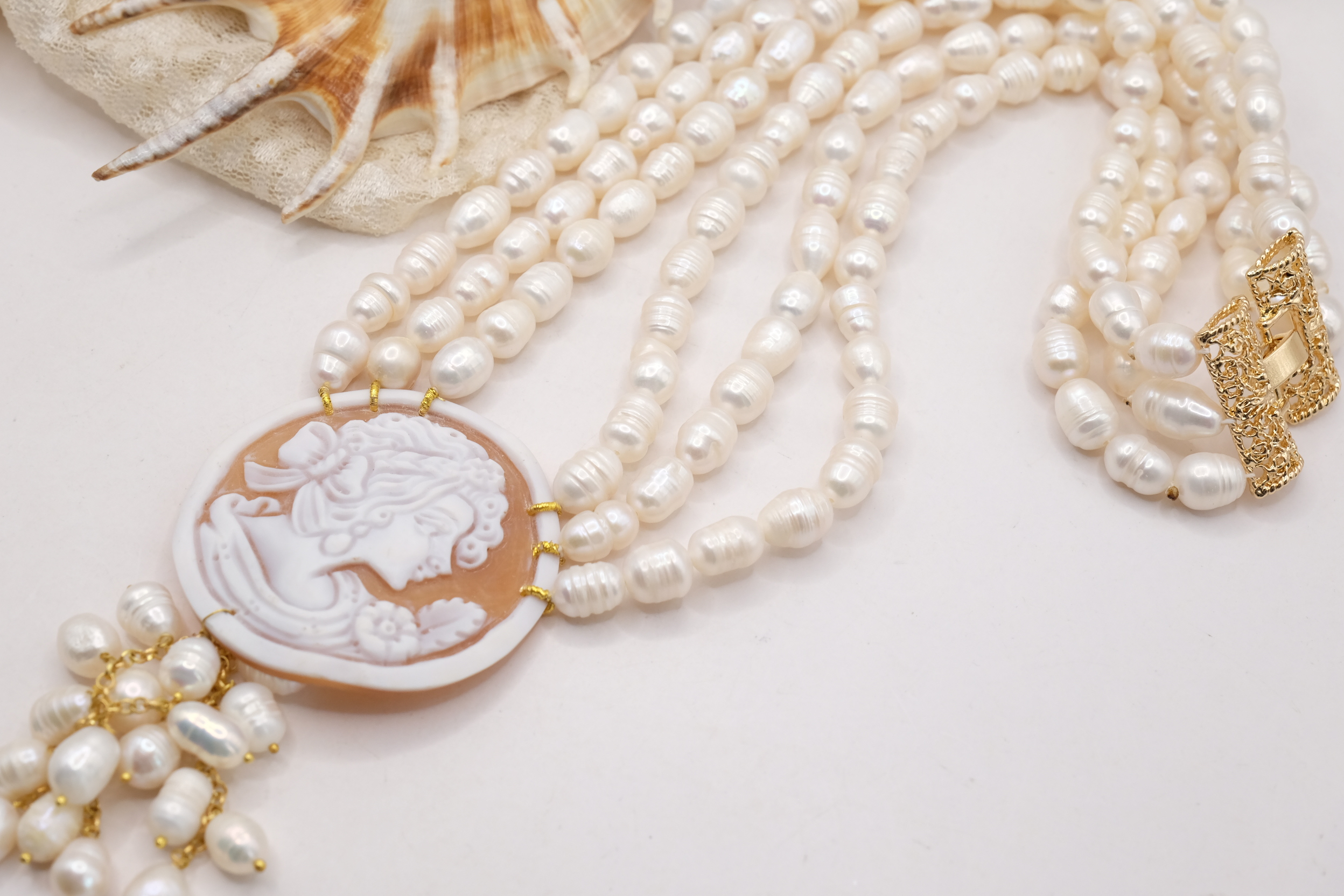 COLLANA MULTIFILO 3 FILI PERLE NATURALI CAMMEO DI TORRE DEL GRECO FILIGRANA (1)