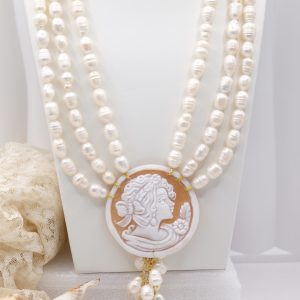 Collana 3 fili Perle Naturali Barocche Cammeo Torre del Greco Filigrana