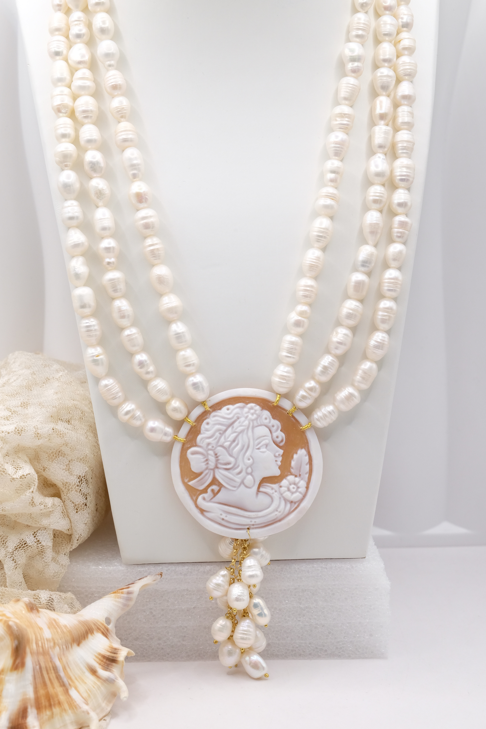 COLLANA MULTIFILO 3 FILI PERLE NATURALI CAMMEO DI TORRE DEL GRECO FILIGRANA (2)