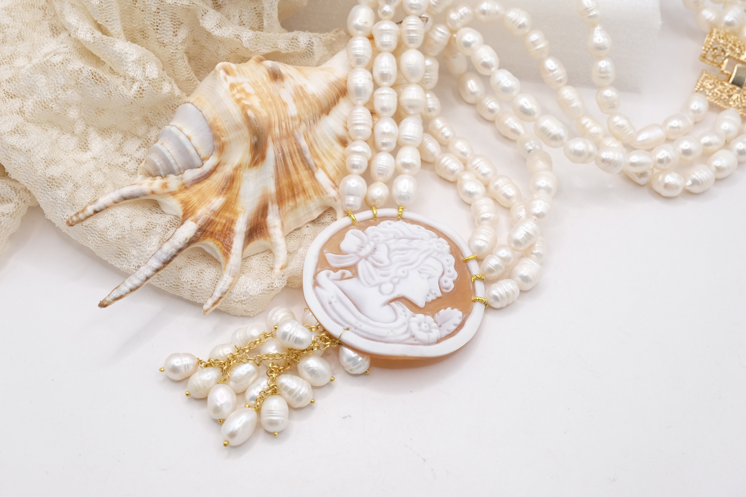 COLLANA MULTIFILO 3 FILI PERLE NATURALI CAMMEO DI TORRE DEL GRECO FILIGRANA (3)