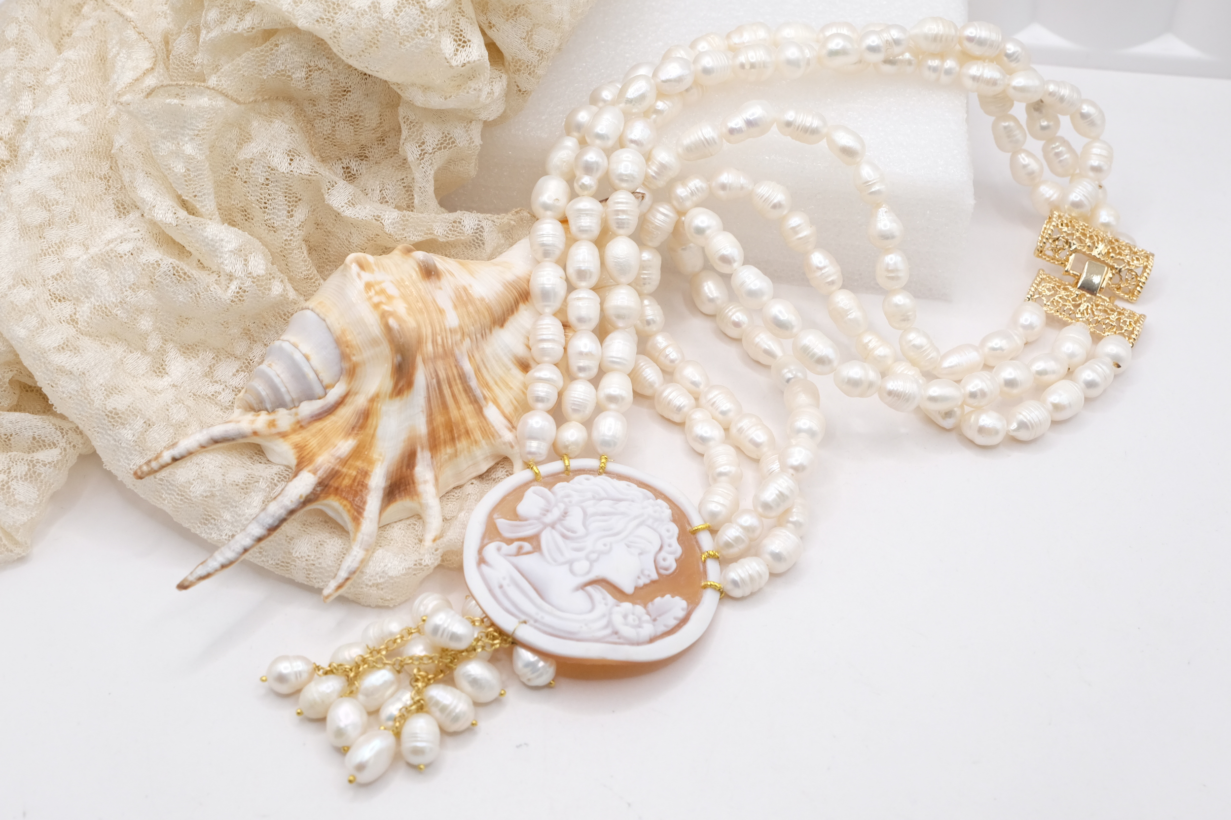 COLLANA MULTIFILO 3 FILI PERLE NATURALI CAMMEO DI TORRE DEL GRECO FILIGRANA (4)