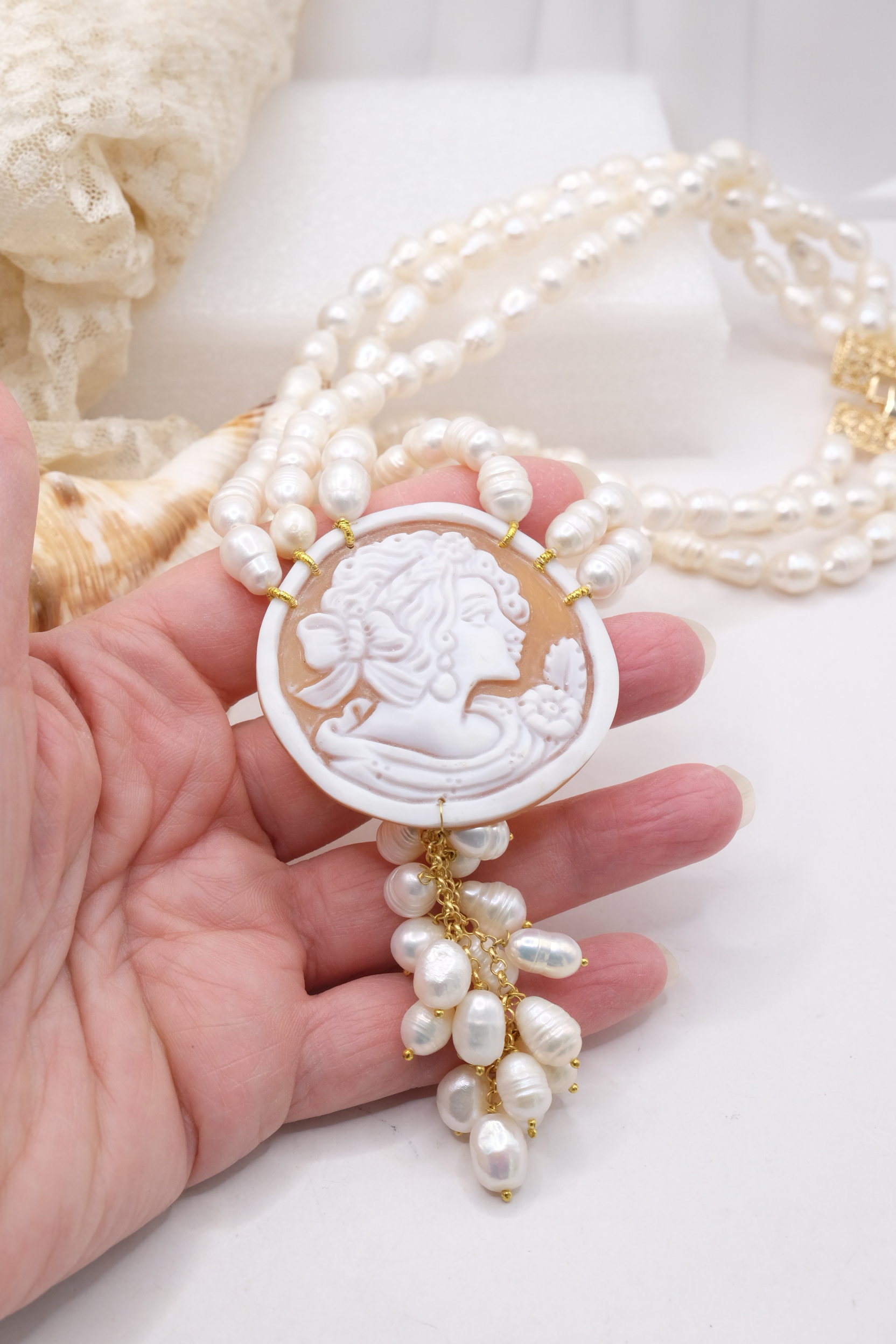 COLLANA MULTIFILO 3 FILI PERLE NATURALI CAMMEO DI TORRE DEL GRECO FILIGRANA (5)