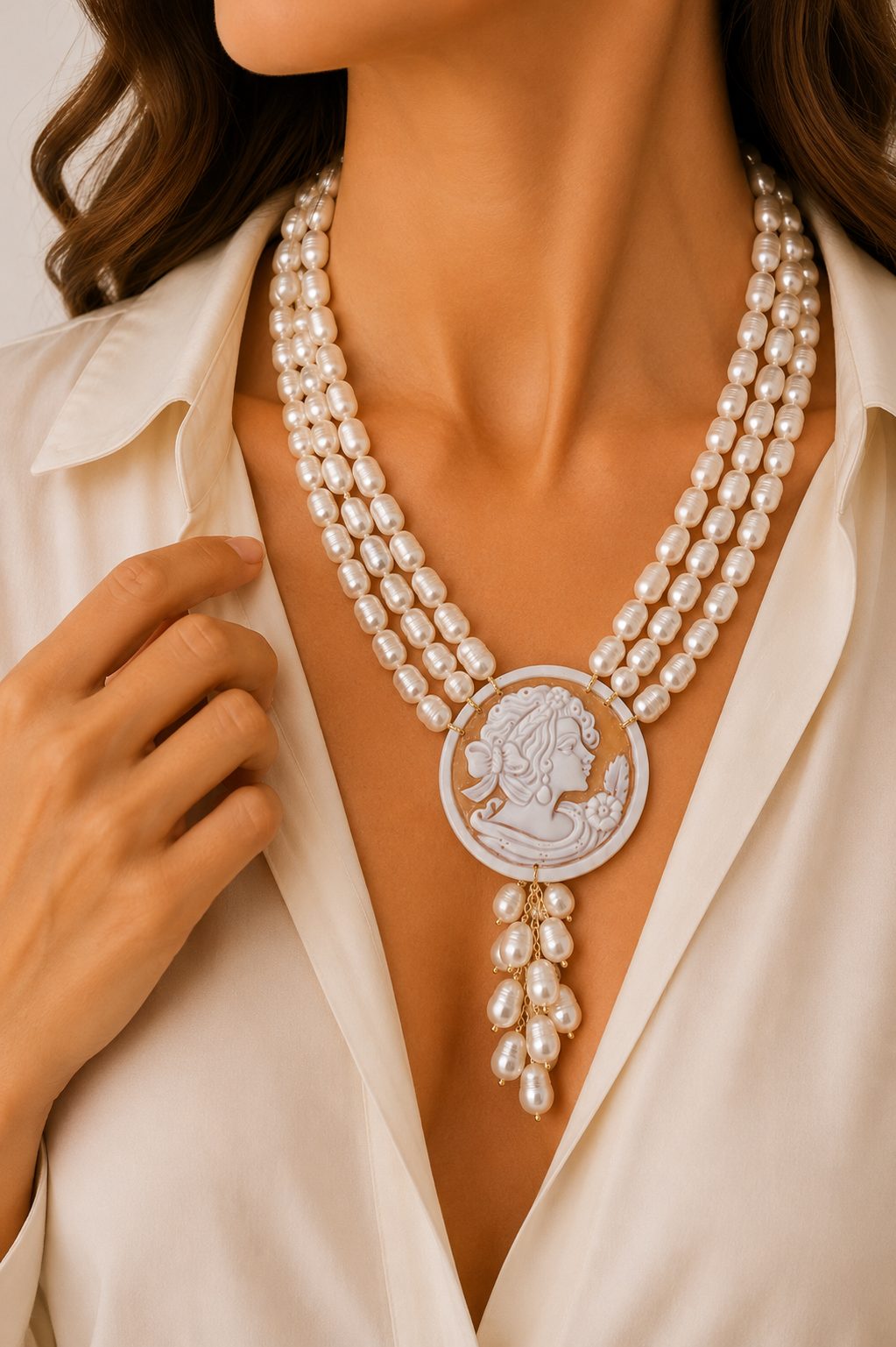 COLLANA MULTIFILO 3 FILI PERLE NATURALI CAMMEO DI TORRE DEL GRECO FILIGRANA