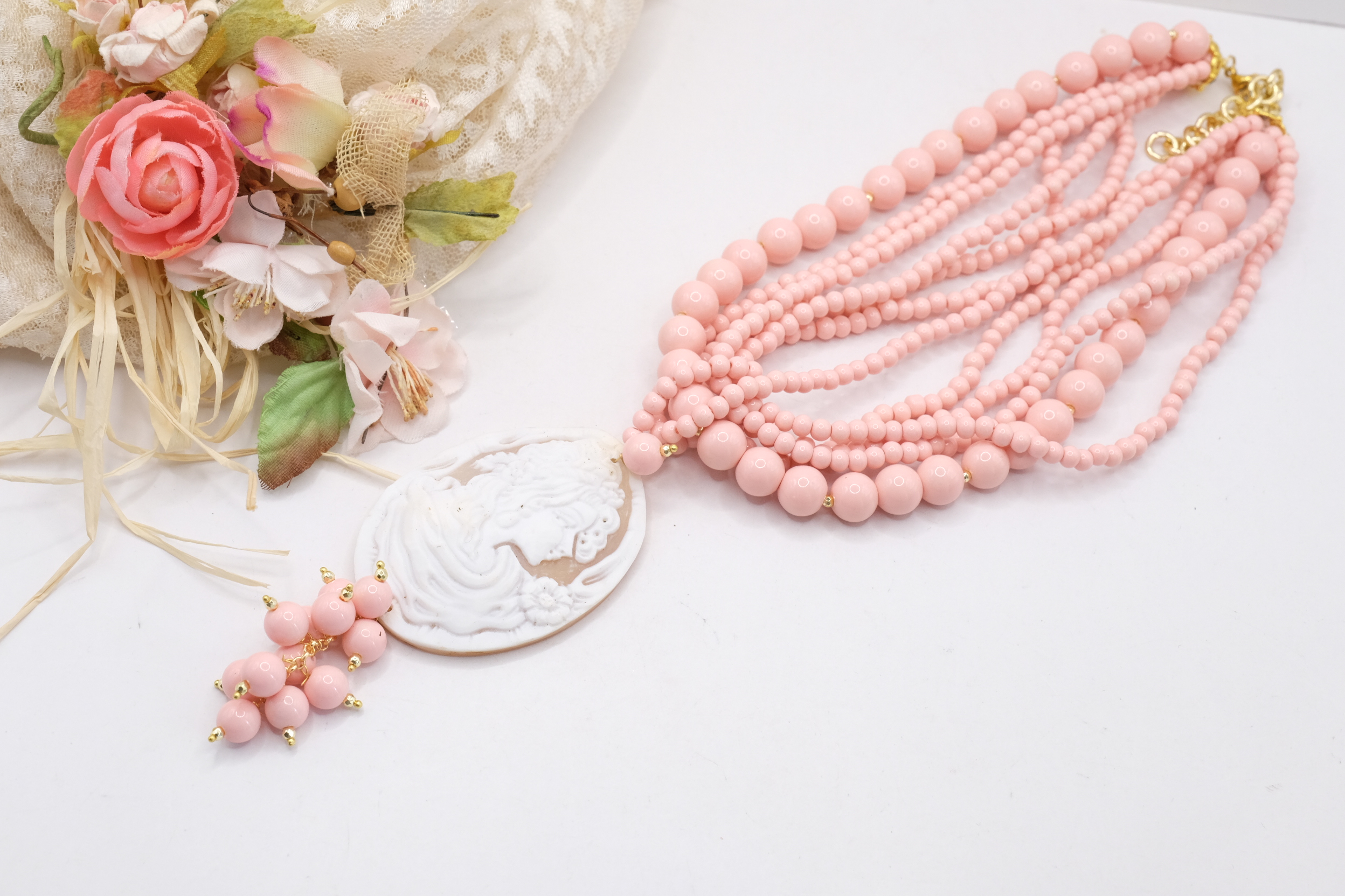 COLLANA MULTIFILO ARTIGIANALE PASTA DI CORALLO ROSA CAMMEO DI TORRE DEL GRECO DAMA (1)