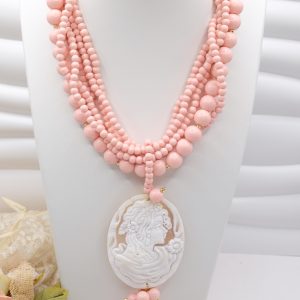Collana Multifilo Pasta di Corallo Rosa e Cammeo di Torre del Greco a Y