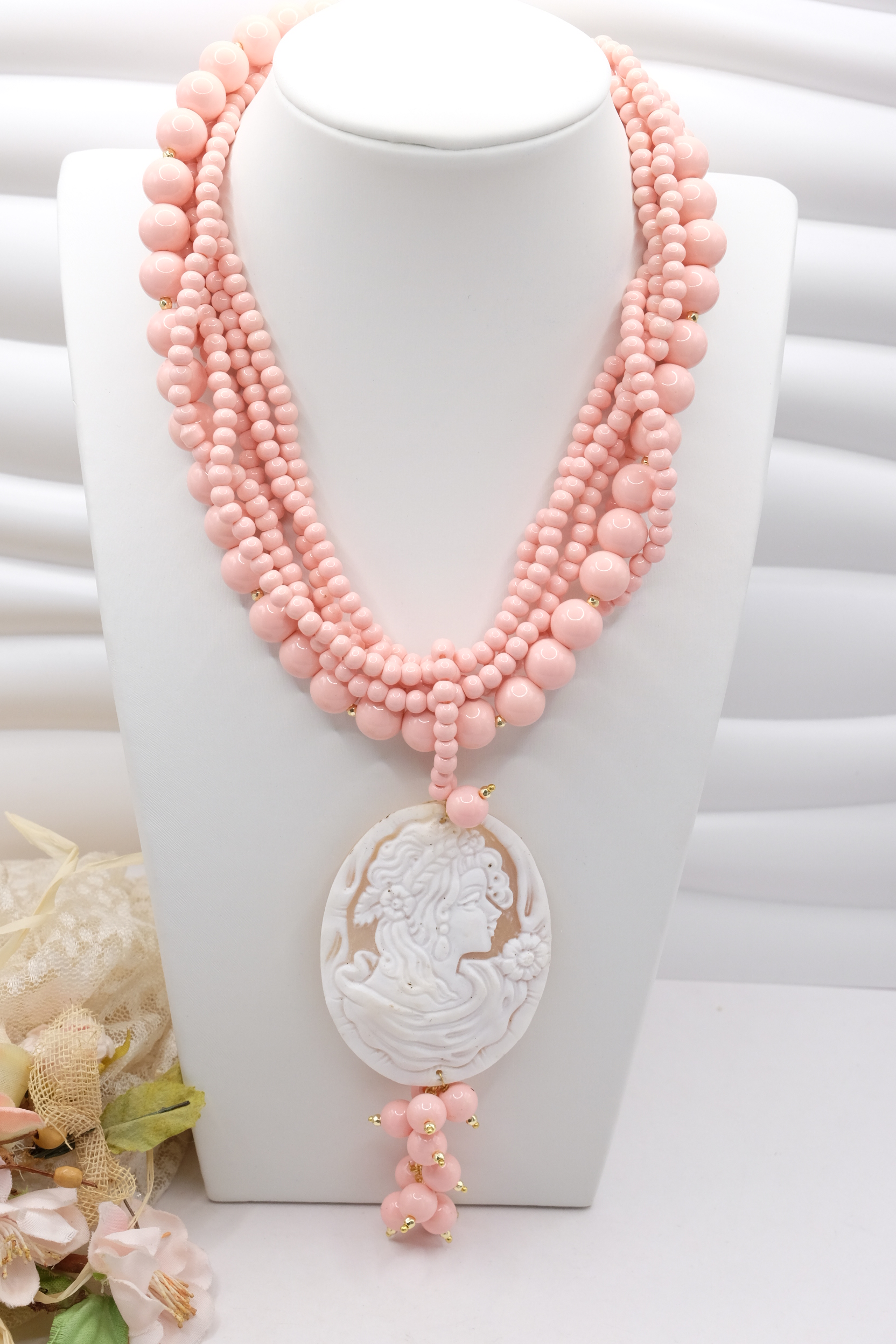 COLLANA MULTIFILO ARTIGIANALE PASTA DI CORALLO ROSA CAMMEO DI TORRE DEL GRECO DAMA (2)