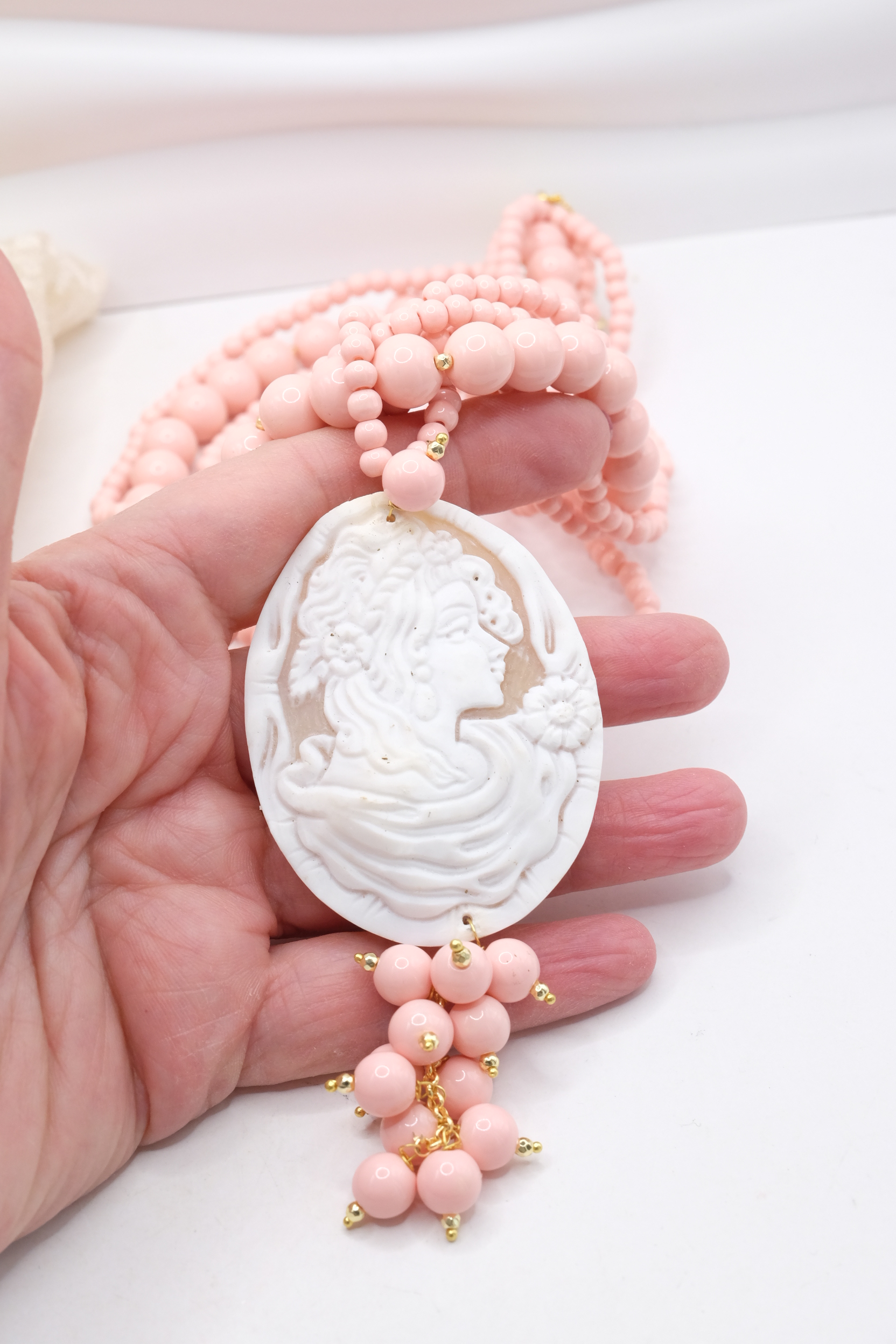 COLLANA MULTIFILO ARTIGIANALE PASTA DI CORALLO ROSA CAMMEO DI TORRE DEL GRECO DAMA (3)