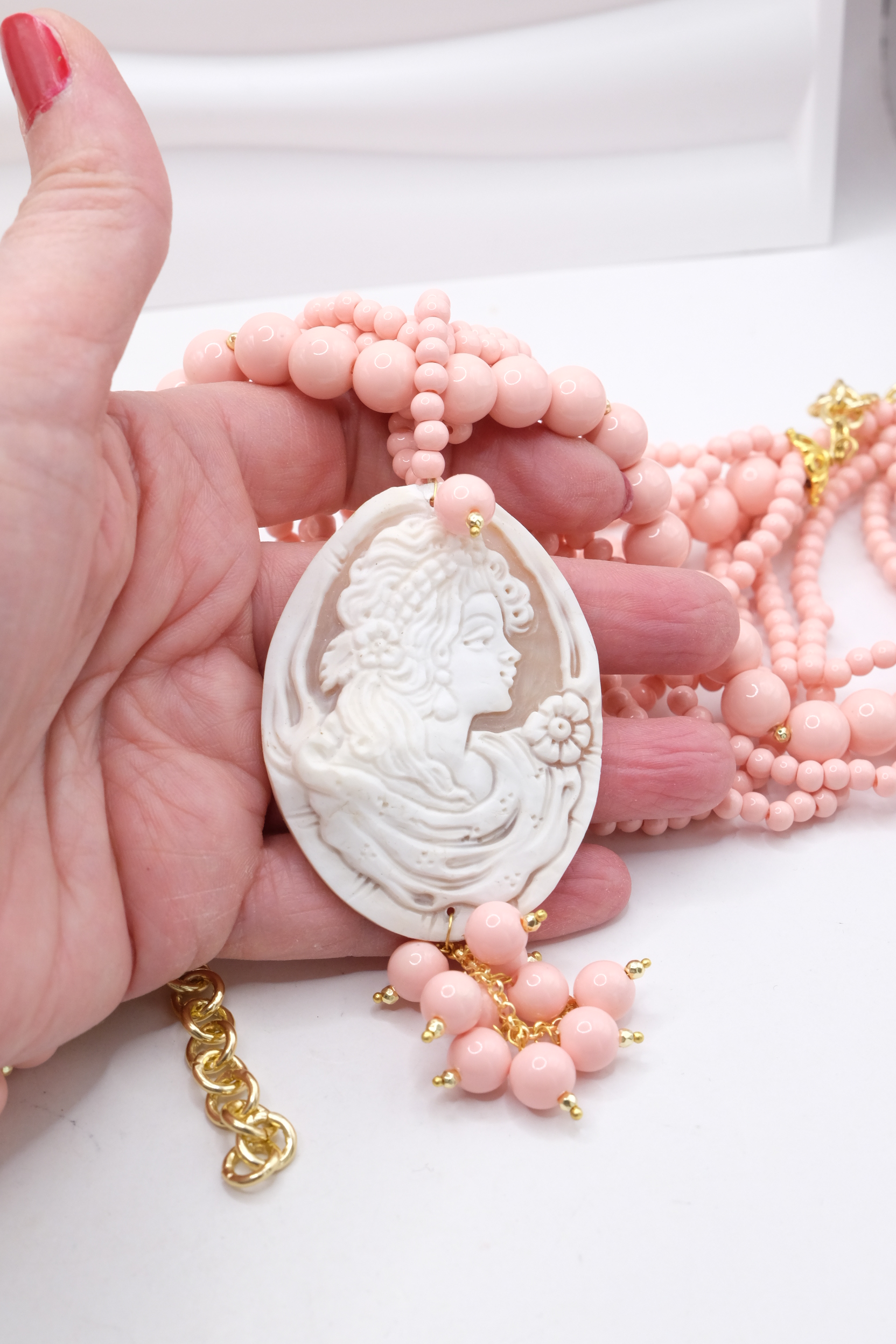 COLLANA MULTIFILO ARTIGIANALE PASTA DI CORALLO ROSA CAMMEO DI TORRE DEL GRECO DAMA (4)