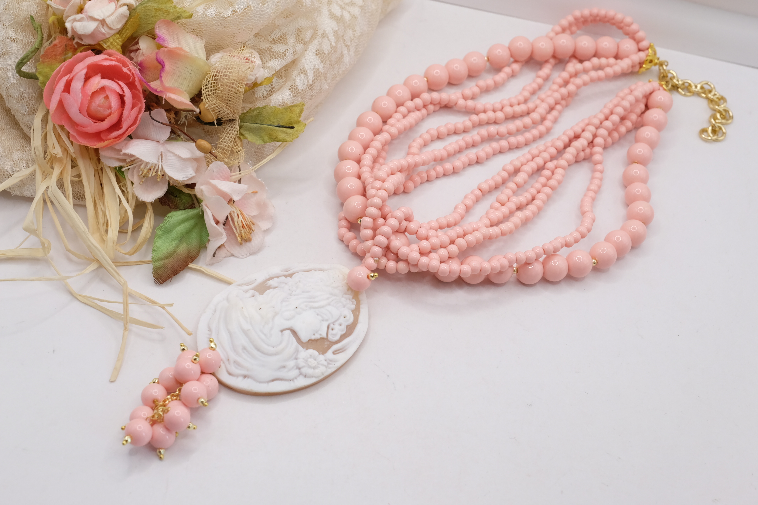 COLLANA MULTIFILO ARTIGIANALE PASTA DI CORALLO ROSA CAMMEO DI TORRE DEL GRECO DAMA (5)