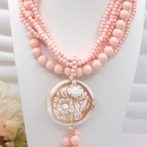 Collana Multifilo Pasta di Corallo Rosa e Cammeo di Torre del Greco a Y