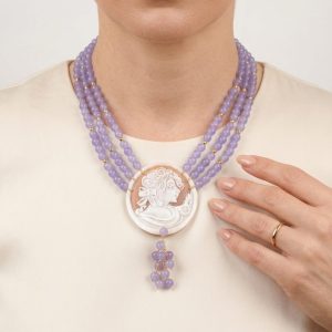 Collana Multifilo Giada Lavanda Cammeo di Torre del Greco filigrana Dama