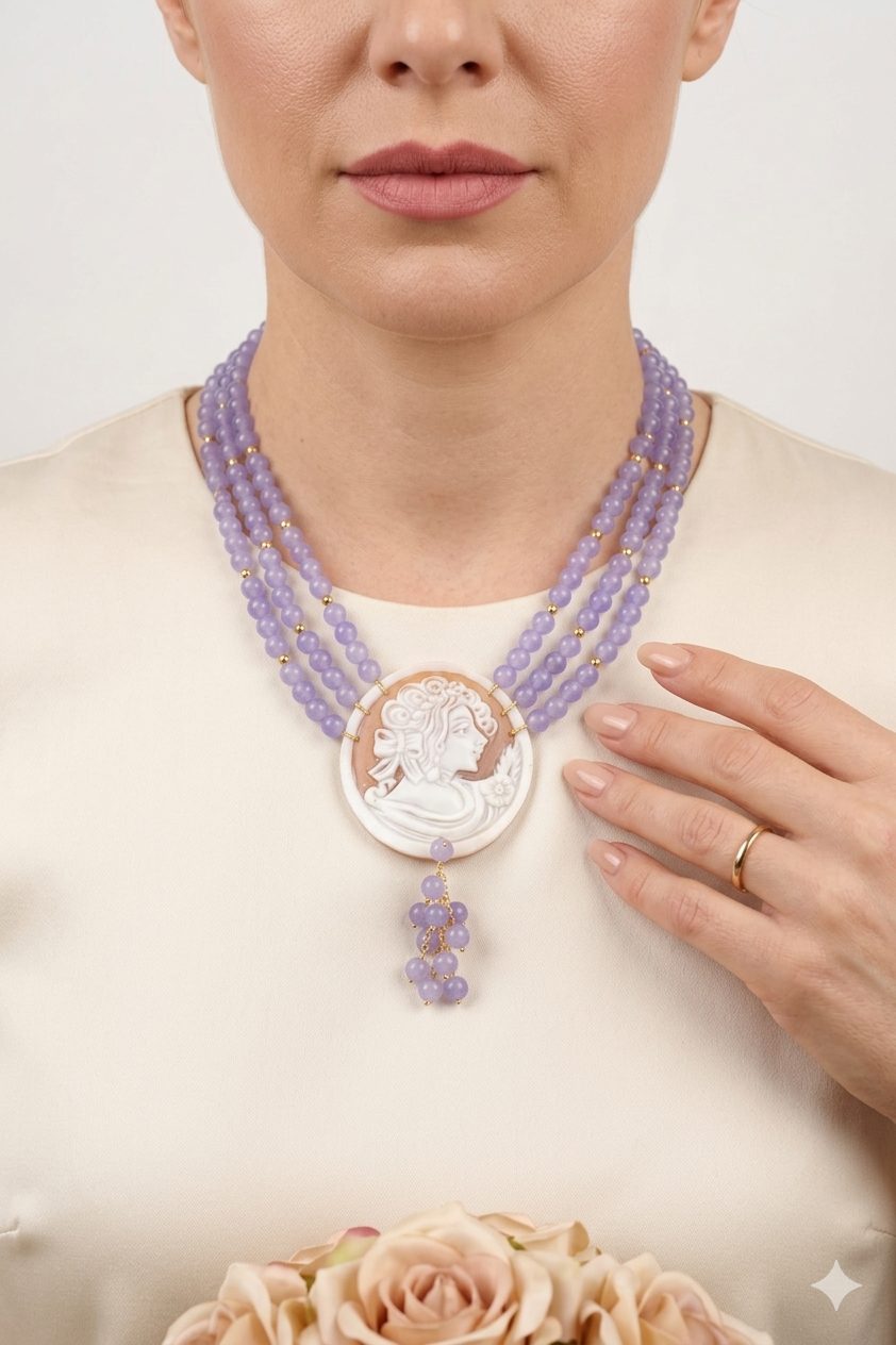 COLLANA MULTIFILO GIADA LAVANDA CAMMEO DI TORRE DEL GRECO FIORI ARTIGIANALE DAMA