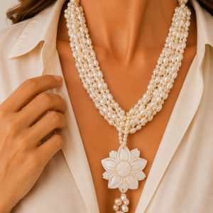 Collana Multifilo Perle Naturali Barocche Cammeo Fiore Torre del Greco