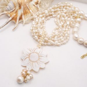 Collana Multifilo Perle Naturali Barocche Cammeo Fiore Torre del Greco