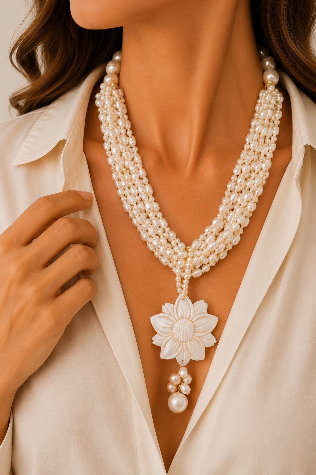 COLLANA MULTIFILO PERLE NATURALI CAMMEO DI TORRE DEL GRECO FIORE