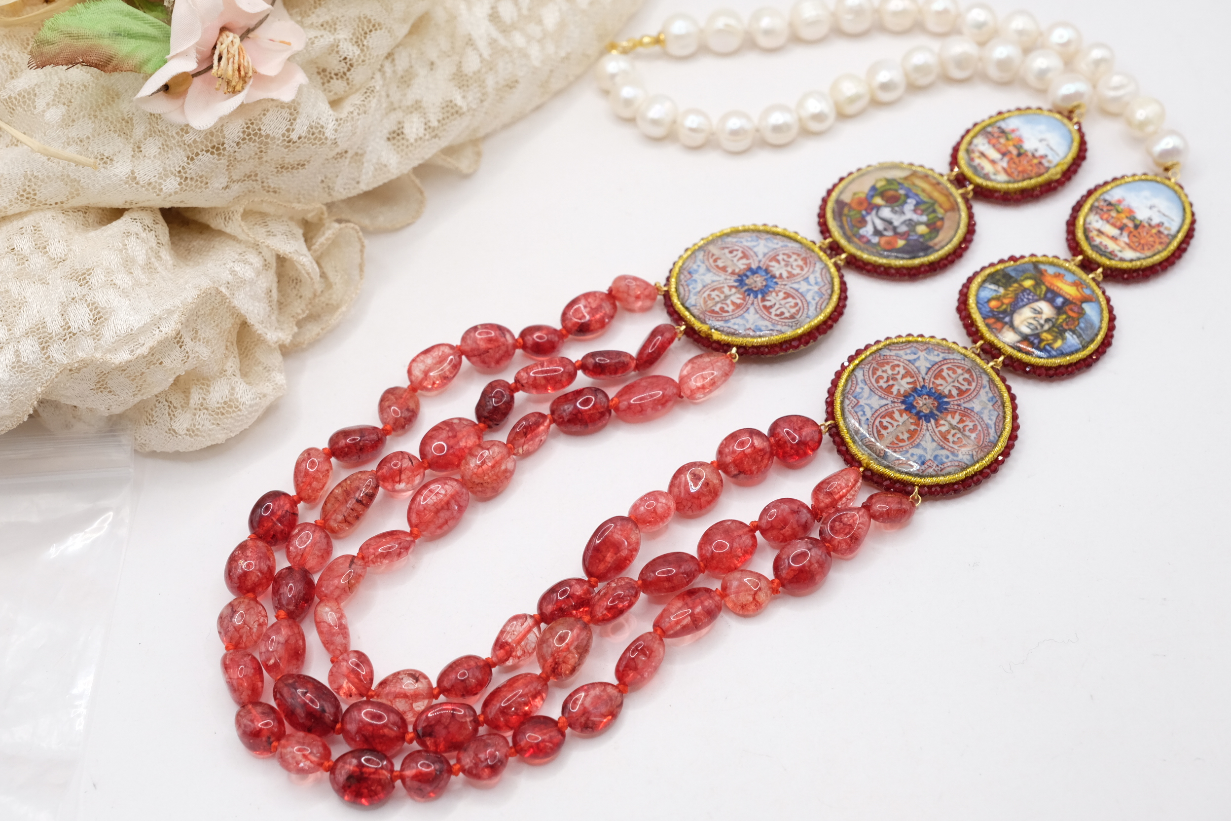 COLLANA MULTIFILO PERLE TORMALINE ROSA CERAMICA DI CALTAGIRONE ARTIGIANALE SICILIANA (1)